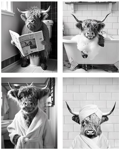Badezimmer Deko Bilder 4 Stück Lustige Schottische Hochland Kuh Wandkunst in Badewanne Deko Bilder Lustige Wanddeko Schwarz-Weiß Leinwand bilder WC Toilette Deko Ohne Rahme (21x30cm)