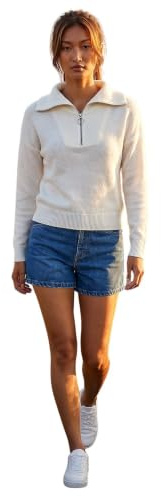 Roman Originals Collar Zip Neck Knit Jumper for Women UK - Ladies Everyday Autumn Winter V-Neckline Comfy Soft Evening Vacation Work Party Night Out - Ivory - Size L