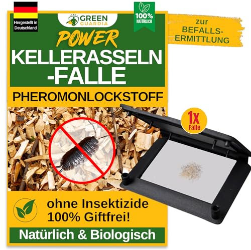 GREEN GUARDIA Kellerasseln Falle mit Pheromon-Lockstoff - 1x Falle - umweltfreundlich Ungeziefer bekämpfen, Chemiefreie Pheromonfalle mit austauschbaren Klebeflächen, giftfrei und geruchsneutral