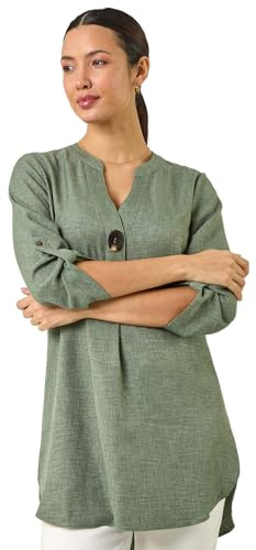 Roman Originals Shirt for Women UK Ladies Longline Top Collarless Blouse Smart Tunic Casual Evening Relaxed Fit 3/4 Length Sleeve Notch V Neck Long - Sage Green - Size 10