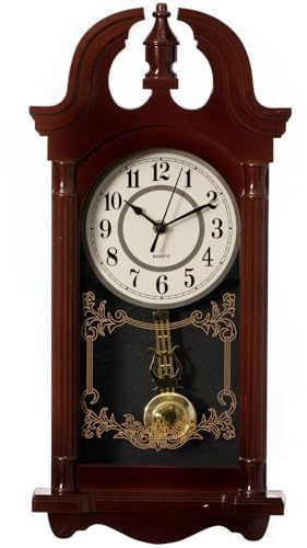 Clockswise Vintage Grandfather-Style Wall Clock with Wood-Effect Plastic Pendulum Battery-Operated for Home Decor Living Room Home Office Kitchen or Dining Room White, 16 Inch (Brown, 20 Inch)