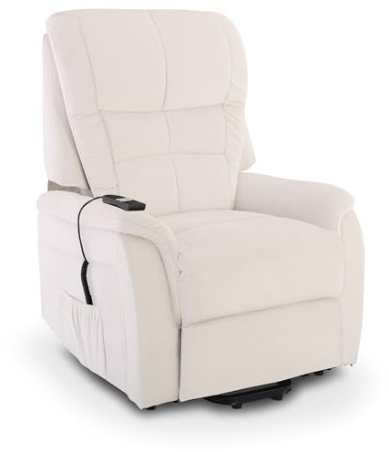 Raburg Fernsehsessel mit Aufstehhilfe & Liegefunktion, elektrisch verstellbar mit 2 Motoren & Fernbedienung, Taschenfederkern, wasserabweisender Webstoff – Jan | Weiß