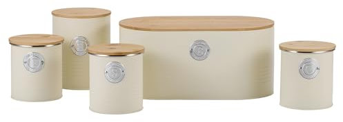 EHC Set of 5 Tea, Sugar, Coffee, Biscuit & Bread Bin Canisters Set With Airtight Lid, Kitchen Storage Jars with Lids, Containers Canisters Jars Set of 5, Cream