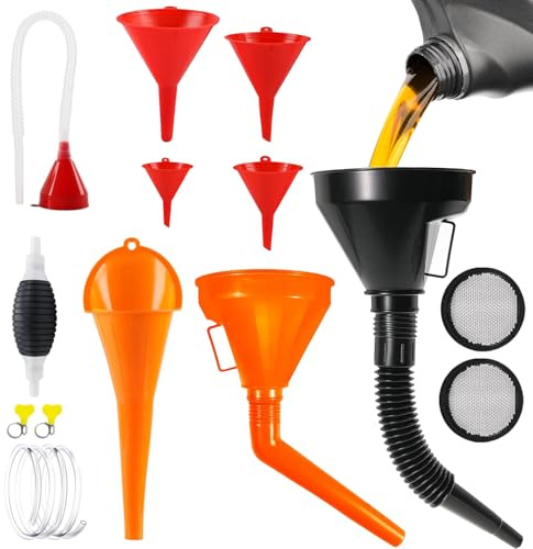 14 Stück Trichter Set, Universal Flexibles Kunststoff EinfüLltrichter Set | Trichter mit Schlauch Öltrichter mit Abnehmbarem Auslauf und Langen Öleinfülltrichter für KFZ Auto Motorrad