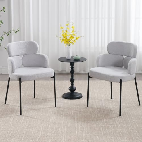 DAYALANE Lot de 2 Chaises de Salle à Manger en Fausse Fourrure Chaise de Cuisine avec Accoudoirs Chaise Chambre Scandinave avec Pieds en Métal Noir, Gris