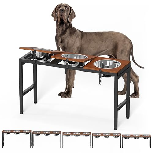 Colewin Elevated Dog Bowls Large Breed,Adjustable Raised Dog Bowl Stand,Stainless Steel 3 Bowl Dogs Feeding Station,12.5cup/101oz Each Food Water Bowl(Iron Holder,Wooden Platform,Grained Oak)