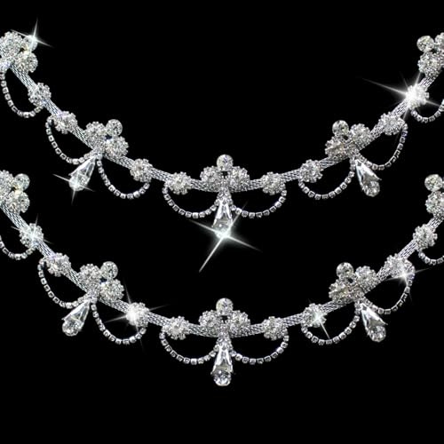 PEARLY JUN 91 Cm Silber Strassband Zum Aufnähen Rhinestone Chain Strasssteine Glitzerband Strassband Chain Kette Glitzer Annähen Trim DIY für Hochzeitskleid Dekoration Kleidung Kuchen