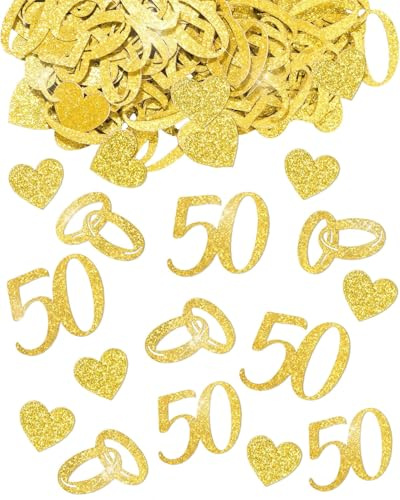 FUGLUS Tischdeko Goldene Hochzeit - 200 Stück Glitzer Konfetti mit 180, Ringe, Herz Motiven - Doppelseitige Streudeko für Goldene Hochzeit Deko, 50. Jubiläum & Hochzeitstag