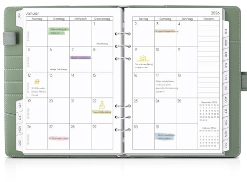 SKYDUE Kalender Ringbuch A5 Nachfüllbar,Ringbuch A5 Nachfüllbar, Planer 2026, Terminplaner 2026 Perfekt Für Schüler Und Berufstätige(Olivgrün)