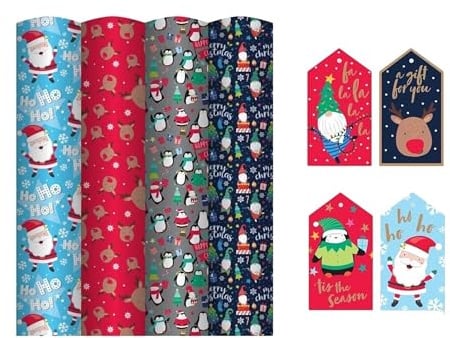4 x 4M Rolls Of Christmas Wrapping Paper - Cute Kids Designs - Festive Wrap - Red Dudolph, Grey Penguin, Blue Gonk, Blue Santa - Complete With 16 Matching Luggage Style Gift Tags