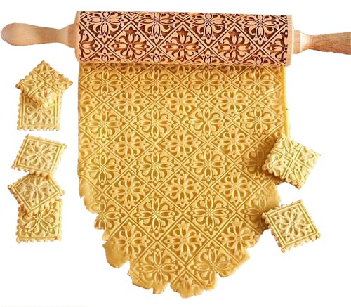 SSyang Mattarello di Natale,Mattarello Decorativo per Biscotti,Natale Goffratura Mattarello con Motivo Natalizio in Legno Incisione 3D Rolling Pin per Impasto, DIY Biscotti
