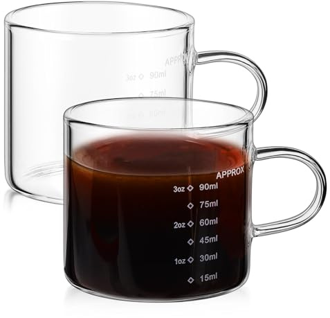 Gatuida 2 piezas Espresso Glass Cups With Scale Markings Small Milk Pitcher Multifunctional Measuring Cups Resistant To High Temperatures For