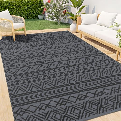 smiry Geometrisches Outdoor Teppich Wetterfest - 120x180 cm, Schwarz & Grau