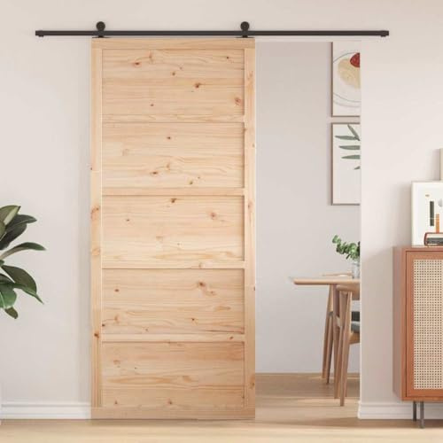 Porta scorrevole completa per interni, porta del fienile naturale, 100 x 208 cm, in legno massello di pino, per soggiorno, cucina, ristoranti
