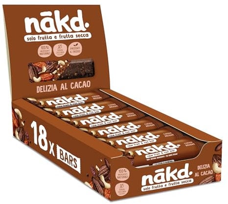 Nākd. Delizia al Cacao | Barrette Crude con Frutta e Frutta Secca | Ingredienti 100% Naturali | Senza Zuccheri Aggiunti | Vegan | Senza Aromi Aggiunti | 18 x 35g | 630g