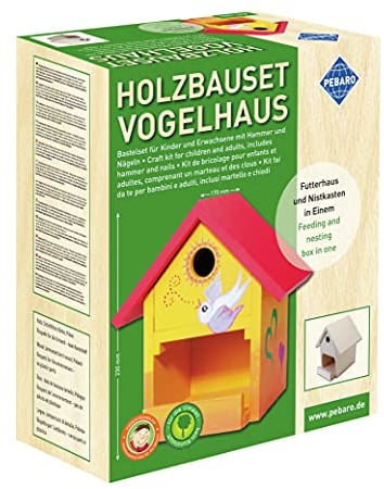 Pebaro 466 Holzbauset Bastelset Vogelhaus inkl. 9 unbehandelten Birkenholzplatten, Löcher vorgebohrt, Hammer und Nägeln, Geschenkidee für Hobby, kleine Handwerker und Kinder, Basteln mit Holz