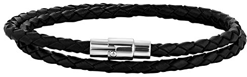 JewelryWe Schmuck Herren Armband, Einfach Geflochten Lederarmband Armreif, Leder Edelstahl, Magnetverschluss, Schwarz Silber, 8 Zoll