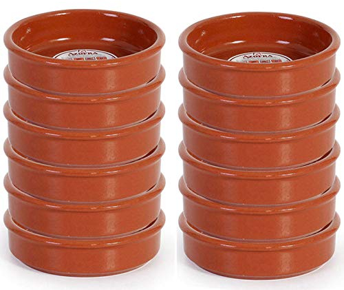 Pack de 12 Cazuelas redondas de barro, diámetro exterior 9.8 cm, diámetro interior 8.5 cm, aptas para vitro y horno