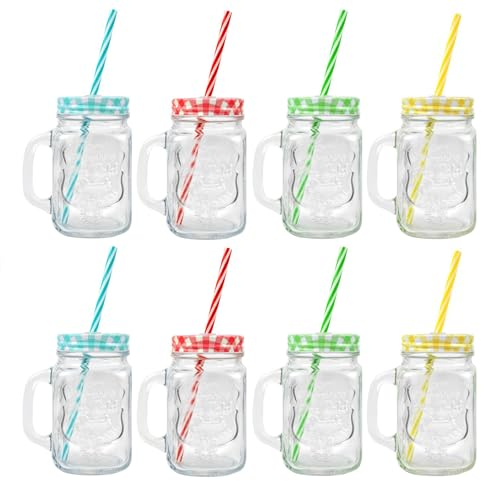 YöL 8 Mason Drinking Jars Glass Summer Party Cocktail Smoothie BBQ Lid Straw Check