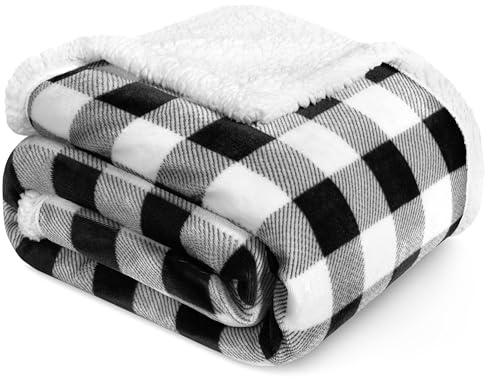 PAVILIA Buffalo Sherpa Decke Überwurf | flauschig weiß schwarz kariert Flanell Fleece Decke für Couch Bett | flauschig warm Kabinenplaid Plüsch Mikrofaser Decke | 50 x 60 cm
