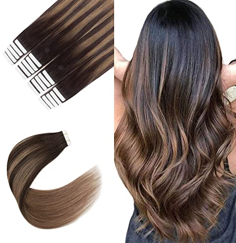Sixstarhair Tape In Extensions Echthaar 20pcs 50g 45cm Invisible Tape In Haarverlangerung Echthaar Dunkelbraun Verblasst Zu Kastanienbraunem Ombre #2/6