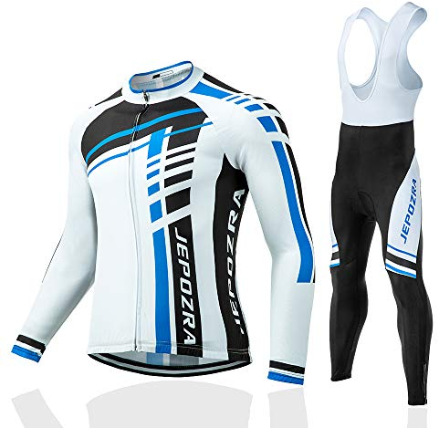 JEPOZRA Abbigliamento Ciclismo Uomo Giacca MTB Bici Maglia Ciclismo Manica Lunga Gel Pantaloni Ciclista Salopette Ciclismo (XL, Nero/Bianco)