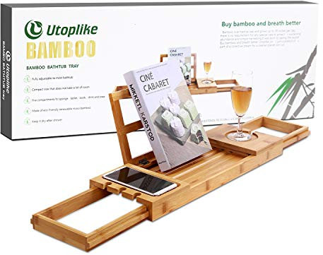 Utoplike Plato de Ducha de bambú, Soporte de baño de Madera, Organizador de bañera Ajustable para Libro, Tablet, toallero