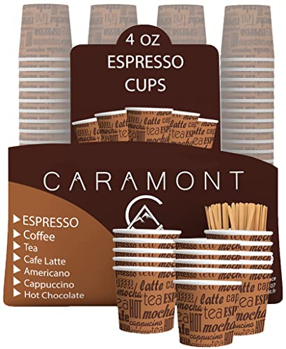 Caramont, 200 Espresso Pappbecher 4 Oz mit Holz Rührstäbchen,Umweltfreundlich Hitzebeständig,Ideal für alle heißen Getränke;Kaffee,Tee,Schokolade etc.