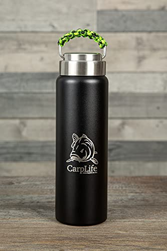 CarpLife Thermoflasche, 600 ml Fassungsvermögen, doppelwandiger Edelstahl, handgefertigter Paracord-Griff, tolles Angelgeschenk (Neon & Schwarz)