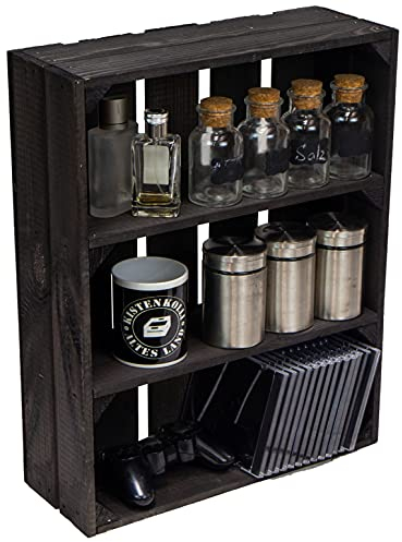 Kistenkolli Altes Land Flache Obstkiste Wilma weiß/Natur/geflammt/dunkel mit Zwei Einlegeböden/Zwischenbrettern ca 50x40x15cm/ Regalkiste Gewürzregal Apfelkiste/Weinkisten Ablageregal(Wilma schwarz)