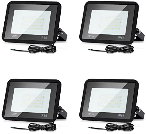 Lospitch 4X 30W LED Strahler Außen, LED Fluter Superhell 2550LM, IP66 Wasserdicht Außenstrahler, 3000K Natürliches Weiß Scheinwerfer, LED Flutlicht für Garten Sportplatz Garage(Ohne Stecker)