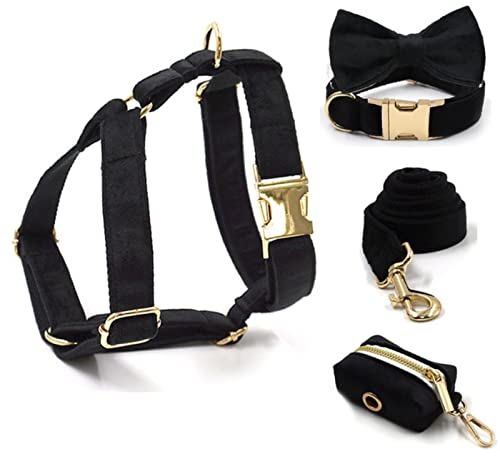 XKUN Hundegeschirr 5 Stücke Luxus Schwarz Samt Haustier Hundegeschirr Kragen Leine Set Verdicken Weicher Gravur Name Id Für Kleine Mittelhunde-5Pcs Set,L Neck 49-55Cm