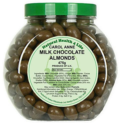 Natural Health 4 Life Milk Chocolate Almond Nuts 475g – Chocolate Covered Almonds in Recyclable Gift Jar, 11.6g Protein per 100g, Vegetarian Snack for Parties, Baking & Gifting, Made in UK (1 Jar)