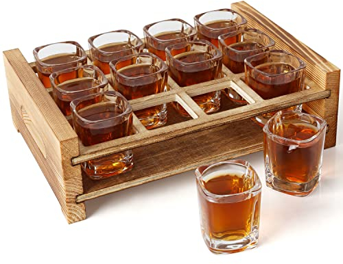 BELLE VOUS 12 Verres à Shot avec Plateau de Service en Bois Brûlé - 60 ml - Verre Shooter Transparent Base Solide - Porte Verre Liqueur, Whisky, Tequila, Vodka & Cocktails - Fête, Club ou Bar