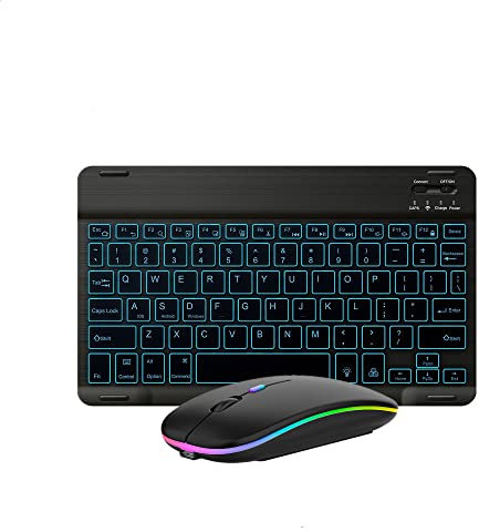 Tastiera e mouse Bluetooth ultra sottile mini tastiera wireless ricaricabile 7 colori retroilluminato per Apple iPad iPhone, tablet, iPhone, smartphone, iOS, Android, Windows, nero
