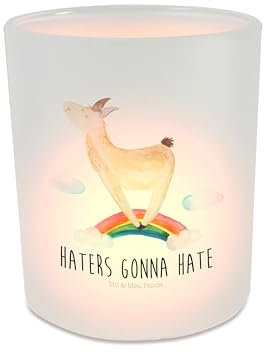 Mr. & Mrs. Panda Deko Windlicht Lama Regenbogen - Geschenk, Haters gonna hate, Teelichthalter, Windlicht Dekorieren, Alpaka, Teelichter, Außenseiter,