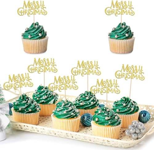 24 Stück Merry Christmas Cupcake Toppers Glitter Frohe Weihnachten Kuchen Toppers Frohe Weihnachten Xmas Thema Party Kuchen Dekorationen Zubehör Gold