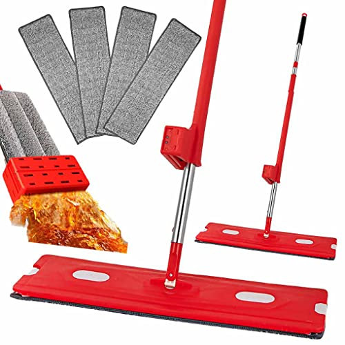 Yariwiz Red Flat Mop, 4 Washable Microfiber Pads, Self Wringing, X-Large Panel, Suitable for Tile, Hardwood, Laminate, Glass, Cement, 4.4 Feet Handle