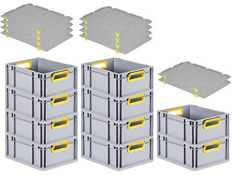 PROREGAL SuperSparSet 10x Eurobox NextGen Color mit Auflagedeckel & Schiebeschnappverschlüsse, HxBxT 17x30x40cm, 16L, Griffe gelb offen, Glatter Boden, Eurobehälter Transportbox Transportbehälter