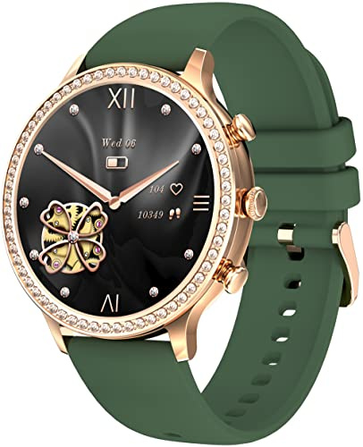 Fitnessuhr Damen Rund, 1.32 Zoll Smartwatch Mit Telefonfunktion Diamanten Sportuhr - Blutdruckmessung, Schlafüberwachung, Pulsuhr, Schrittzähler - Fitness Tracker für iOS Und Android