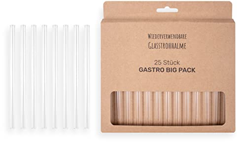 CEY Glasstrohhalme| wiederverwendbar| Trinkhalm| gerade und gebogene Strohhalme| Spülmaschinenfest| 15 cm (Glas, 25 Stück | ohne Bürtse | 15cm)