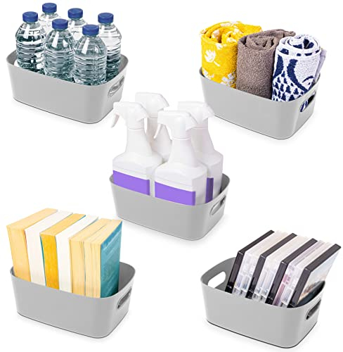 Stackzy Plastic Storage Baskets for Shelves – Strong Storage Boxes with Handles – Home and Kitchen Organiser – Rectangular Cupboard Storage Boxes –– Stackable Pantry Basket – Grey, 5pcs