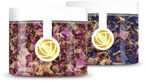 Rosie Rose essbarer Blütenmix in rot und blau, 2er Set, 2 x 10g getrockneter Blumenmix, mit Rosenblüten, Kornblumenblüten und Ringelblüten, als Tortendeko, Zum kochen & für Salate