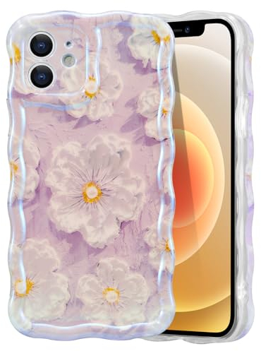 EYZUTAK Case for iPhone 12, Colorful Retro Oil Painting Flower Laser Glossy Pattern Cute Curly Wave Border Exquisite Phone Cover Stylish Durable TPU Protective Case for Girl Women - Light Purple