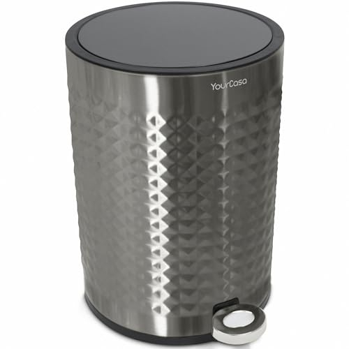 YourCasa Cubo de basura para baño de 5 l de acero inoxidable, efecto pirámide, para baño y salón, con tapa y cierre suave, cubo de basura pequeño, cubo de basura cosmético (plata)