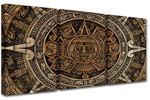 Zimmer-Wandbilder, Azteken-Kalender, Gemälde, 3-teilig, Leinwand, Maja-Kunst, Mexiko-Symbol, Kultur, Ribal, Kunstwerk, Heimdekoration für Wohnzimmer, Holzrahmen, Galerieverpackung, fertig zum