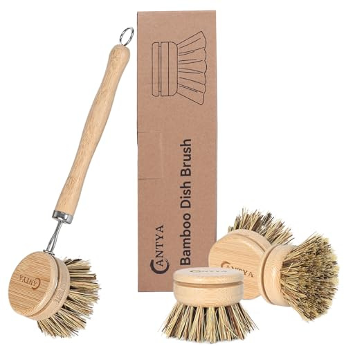 Dish Scrubbing Brush With Handle - Hard Bristle, Bamboo Dish Brush Sustainable & Biodegradable, Bamboo Washing Up Brush For Dishes, Pans And Pots