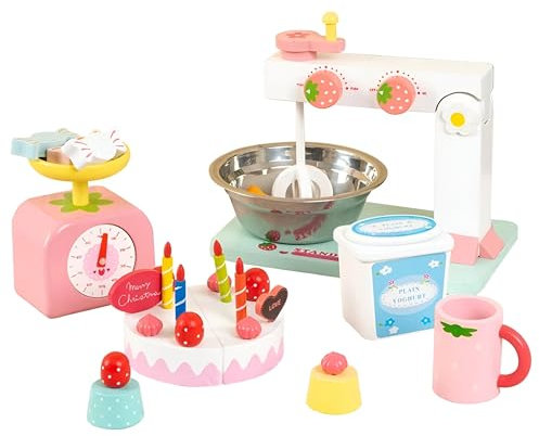 RLS 22 pieces of Childs wooden food mixer and cake baking play set with kitchen accessories amazing toy for Boys and Girls Gift