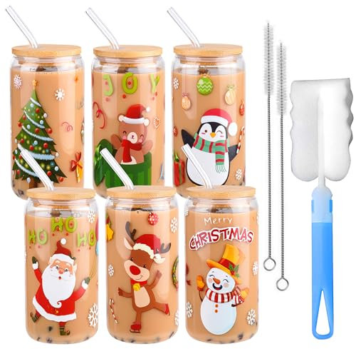 6 Pieces Christmas Can Glass 16oz Coffee Cup with Bamboo Lid and Straw Santa Claus, Elk, Tree for Water, Juice, Milk, Beer, Whiskey, Vodka Party (Kolewo4ever)