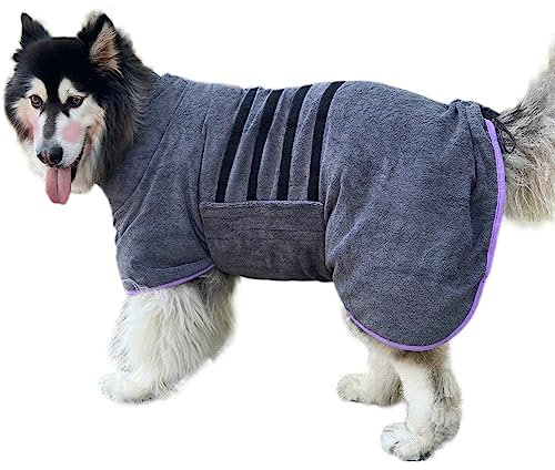 Hunde-Bademantel, Handtuch, Mikrofaser-Material, schnell trocknend, super saugfähig, schnell trocknend, feuchtigkeitsabsorbierend, mit verstellbarem Kragen und Taille (groß, grau)
